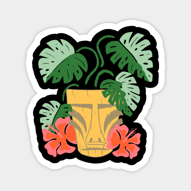 Potted Tiki Green Monstera Houseplant with Hibiscus Flowers Magnet by ksrogersdesigns