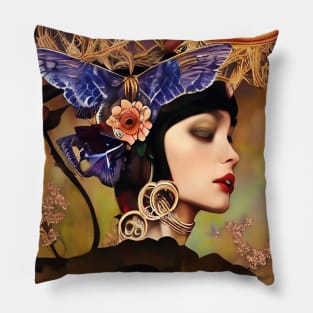 Pretty Art Deco girl painting with butterflies flowers and roses Pillow