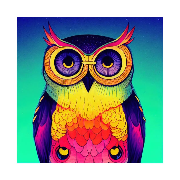 Colorful Owl Portrait Illustration - Bright Vibrant Colors Bohemian Style Feathers Psychedelic Bird Animal Rainbow Colored Art by JensenArtCo