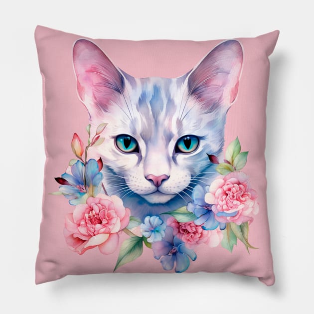 Watercolor romantic cat in flowers Pillow by ananastya