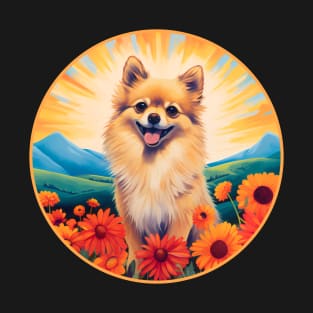 Cute Pomeranian Colorful Flower Mountain Sunset Puppy Dog T-Shirt