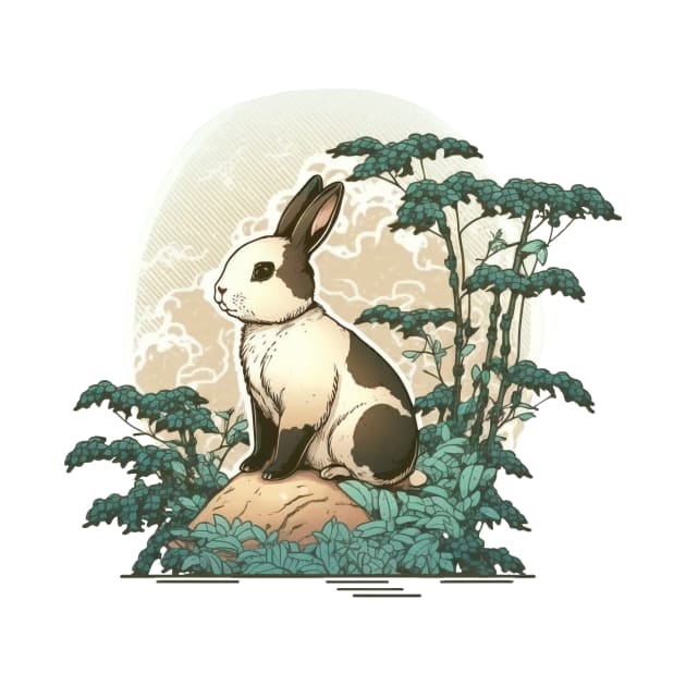 Ukiyoe Style Rabbit Japanese Moon Bunny Illustration by peachycrossing