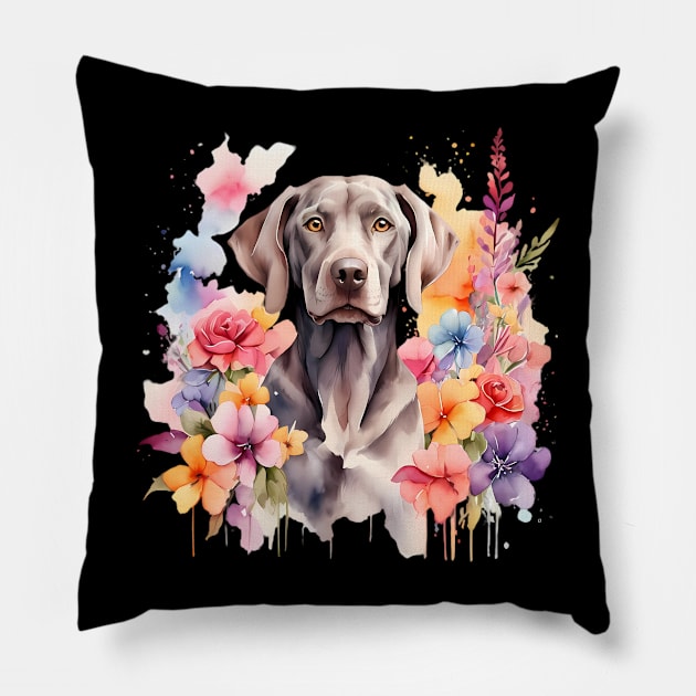 A weimaraner decorated with beautiful watercolor flowers Pillow by CreativeSparkzz