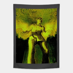 Portrait, digital collage and special processing. Angel in underpants in room. Astonishing. Bright green. Tapestry