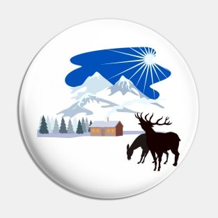 House in Winter Snow Mountains Deer Silhouette Pin