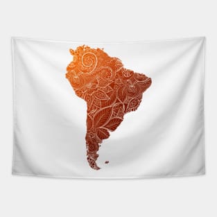 Colorful mandala art map of South America with text in brown and orange Tapestry