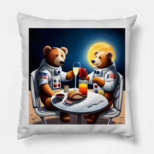 Two Teddy's in space suits having a romantic dinner on the Moon Pillow