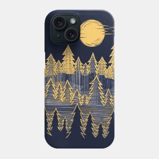 Misty, Moonlit Trees Linocut in Blue and Yellow Phone Case