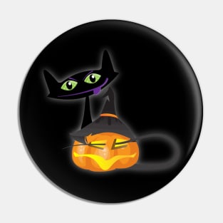 Halloween Black Cat Playing with Happy Pumpkin Pin