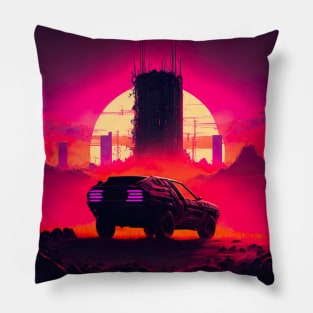 Dystopian Cyberpunk City And Retro Futuristic Car In Synthwave Aesthetic Pillow