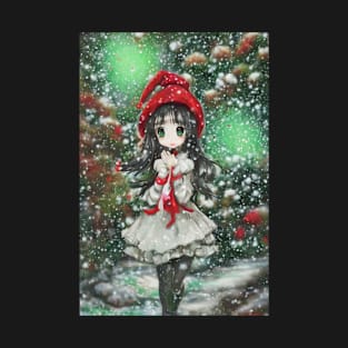 Kawaii anime manga girl walking in snow T-Shirt