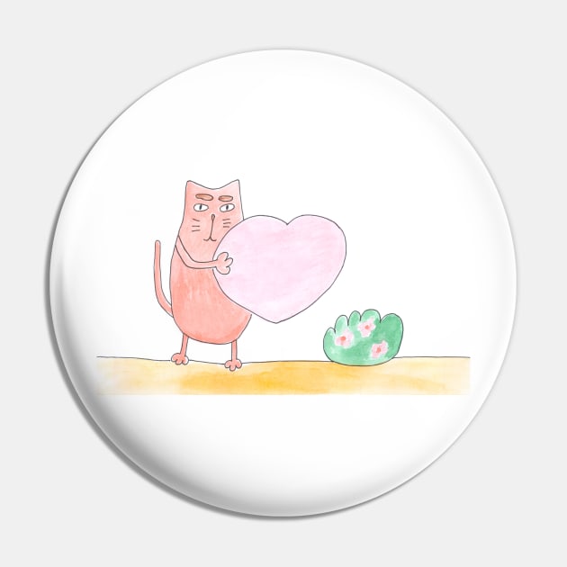 Cat holds the heart. Love, falling in love, friendship. Cute design, watercolor illustration. Pet, fun. Pin by grafinya