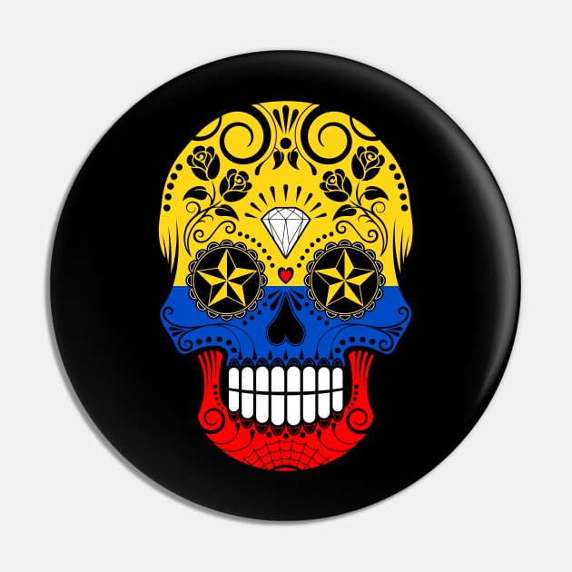 Colombian Flag Sugar Skull with Roses Pin by jeffbartels