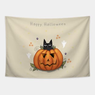 Halloween cute black cat and spooky pumpkin. Tapestry