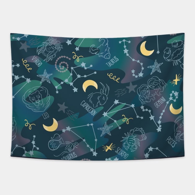 Astrology Zodiac Signs Night Sky Seamless Pattern Tapestry by Arch4Design