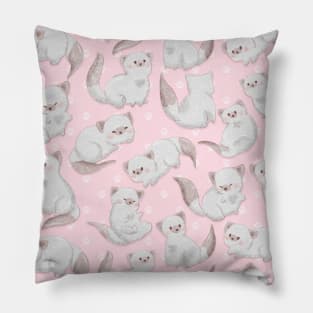 White Kitty Cat Patten and Paw Prints on Pink Pillow