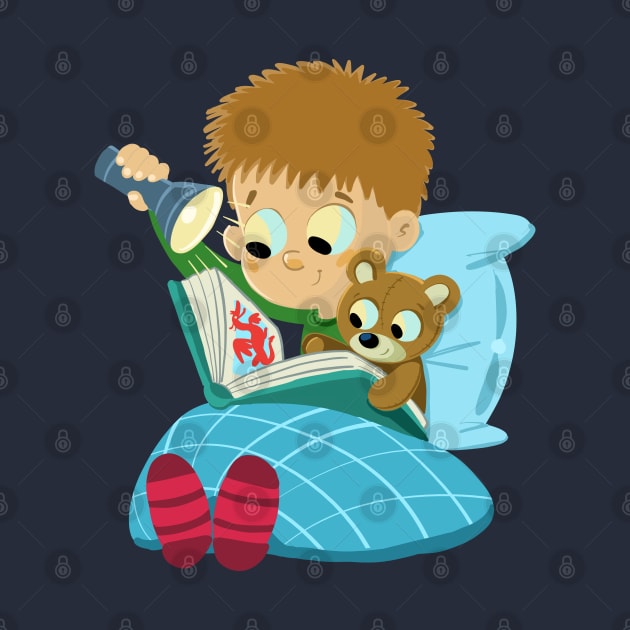 bedtime boy is reading a book with a teddy bear by duxpavlic