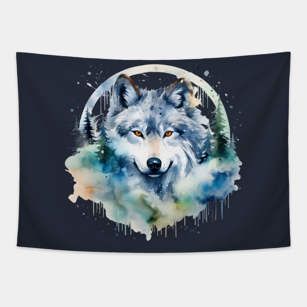 Watercolor wolf with Christmas trees Tapestry by Retroprints