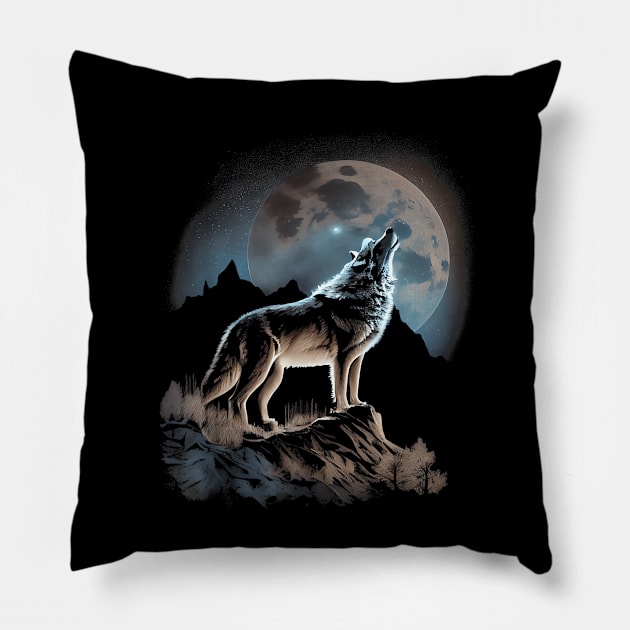 Wolf Lookout Full Moon on Mountain Pillow by The Full Moon Shop