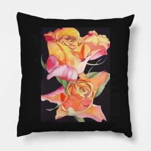 Pink and Yellow Roses watercolour painting with a dark background. Pillow