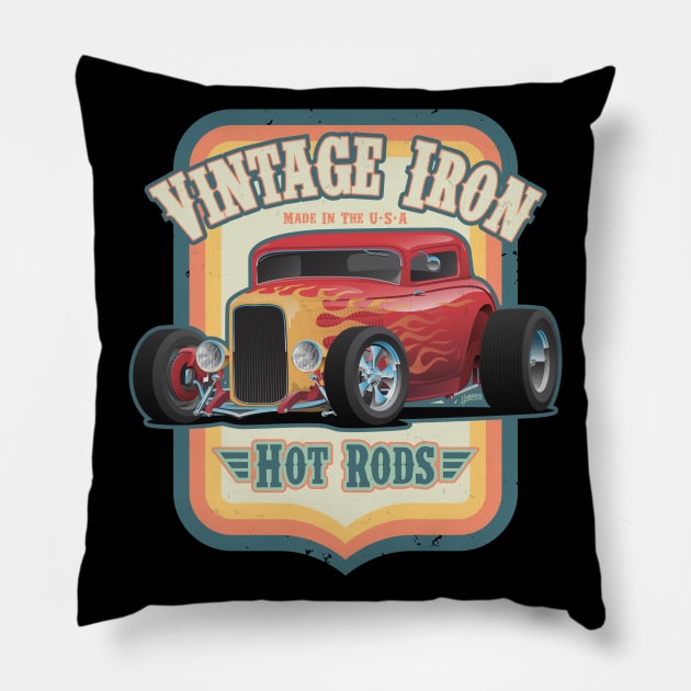 Vintage Iron Hot Rods Retro Style Automotive Art Illustration Pillow by hobrath