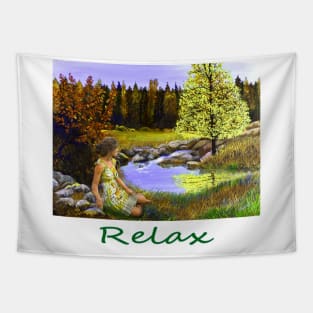 Woman girl seated by forest pond zen yoga buddhism Tapestry