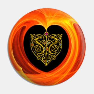 GOLD CELTIC KNOT HEART, LIZARDS IN BLACK ORANGE YELLOW FRACTAL WAVES Pin