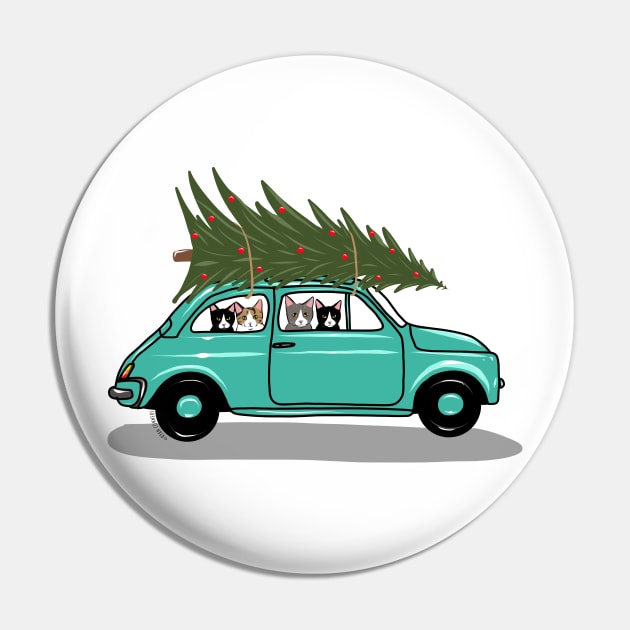 Bringing Home the Christmas Tree Teal Pin by KilkennyCat Art