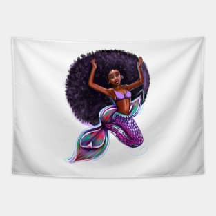 mermaid with big Afro underwater, brown eyes curly Afro hair and caramel brown skin. Black mermaid Tapestry