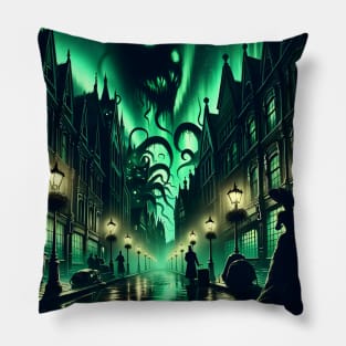 A Victorian city street where shadows turn into monstrous forms under a green sky Pillow