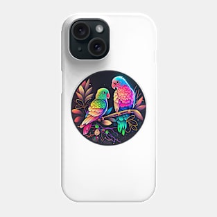 Trippy Neon Parrots Sitting on Branch Cartoon Phone Case