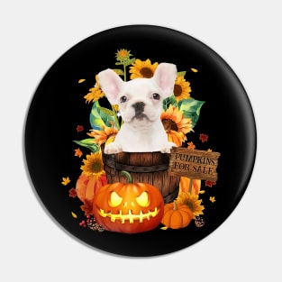 White Frech Bulldog Halloween Pumpkin Fall Bucket Pin