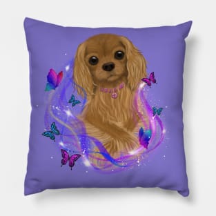 Magical Cavalier King Charles Spaniel and Butterflies, Ruby Pillow