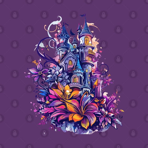 Vintage Purple Magical Flowers Castle Blossom chateau Princess Queen Castle by RetroZin