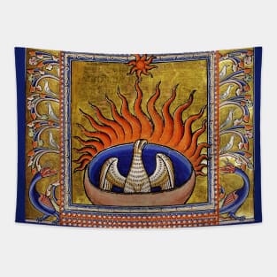 MEDIEVAL BESTIARY,PHOENIX IN RED FLAMES,TREE OF LIFE ,BIRDS,DRAGONS FANTASTIC ANIMALS IN GOLD RED BLUE COLORS Tapestry