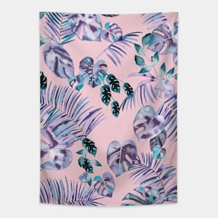 Tropical leaves pink blue Tapestry