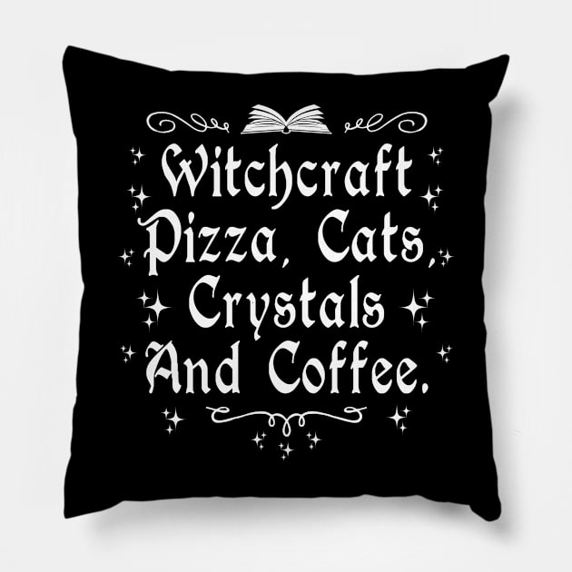 Witchcraft Pizza Cats Crystals and Coffee Pillow by Tshirt Samurai