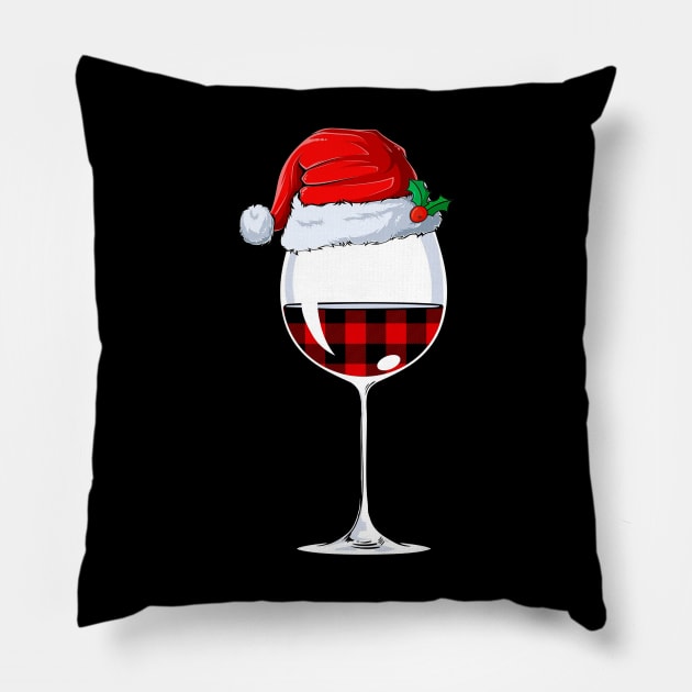 Red Buffalo Plaid Wine Glass Santa Hat Christmas Pillow by Magazine