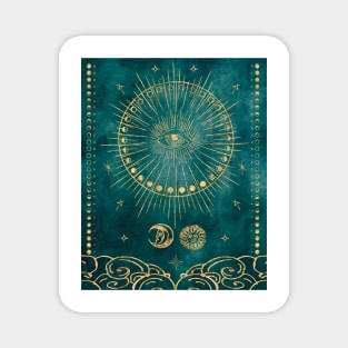 Gold Tarot Card Moon Phases and Ancient Astrology Symbols on Dark Blue Watercolor Paper Magnet