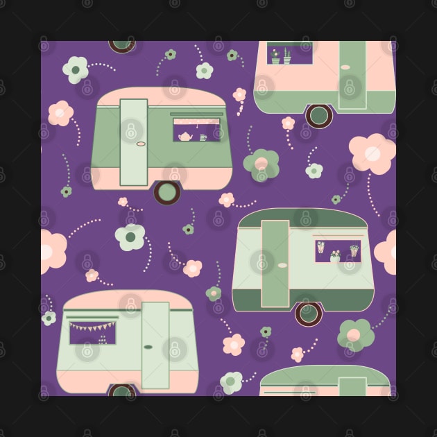 Repeat pattern of vintage caravans and daisies in pastel pinks and greens on purple by NattyDesigns