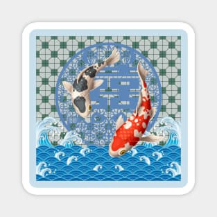 Double Happiness Koi Fish Dancing in the Ocean with Green Tile Floor Pattern Magnet