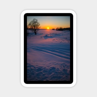 Sunset winter landscape with snow-covered road in violet and pink colors Magnet