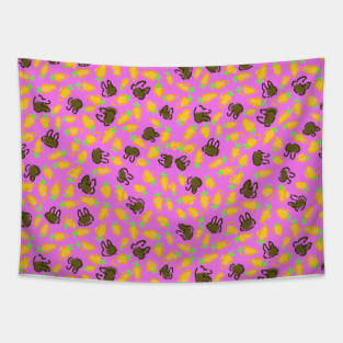 Brown Bunnies and Orange Carrots on Easter Egg Purple Tapestry