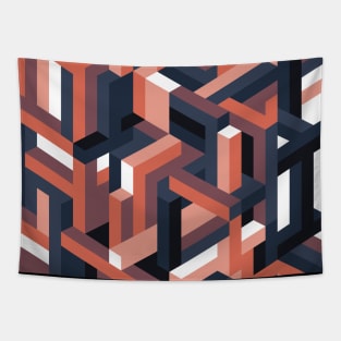 Orange and Blue Isometric Maze Tapestry