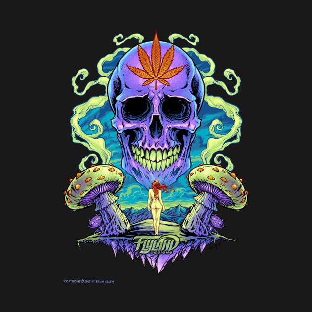 Purple Cannabis Skull with Mushrooms by FlylandDesigns