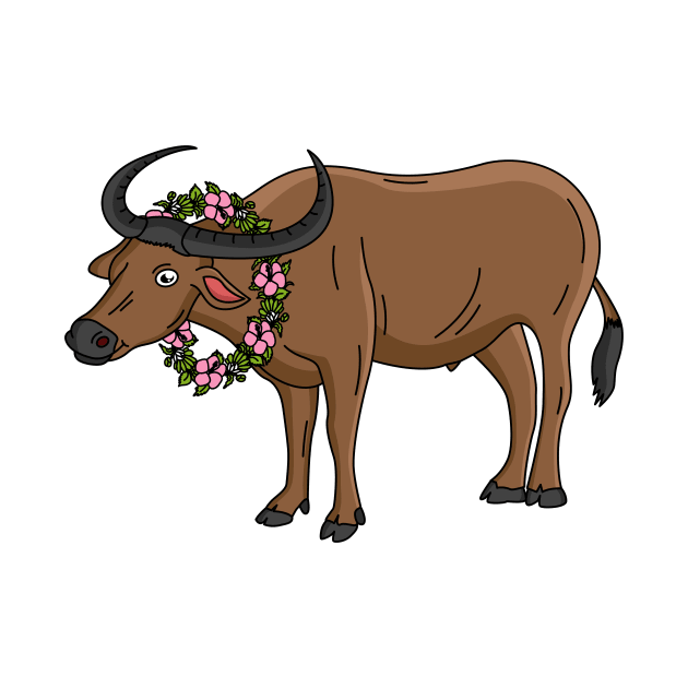 Water buffalo with flowers cartoon illustration by Cartoons of fun