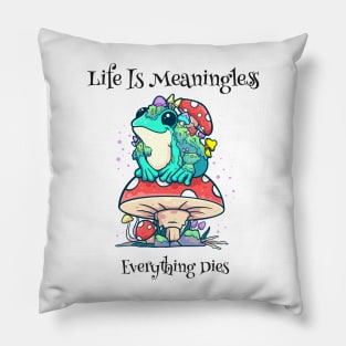 Melancholic Mirth: Finding Humor in Life's Futility with a Quirky Frog on a Mushroom Pillow