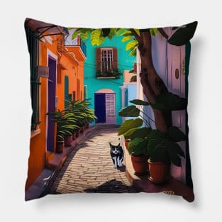 Old San Juan Colorful Homes, Plants and Cats Pillow