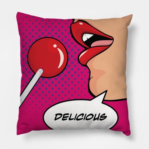 Pop Art Lollipop Candy Red Lips Pillow by Hixon House