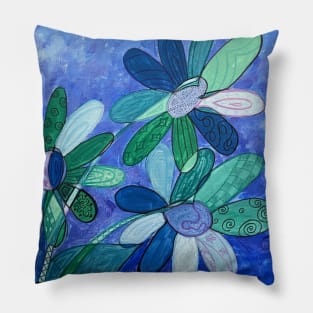 Cool Color Whimsical Daisies Acrylic / Mixed Media Painting Pillow